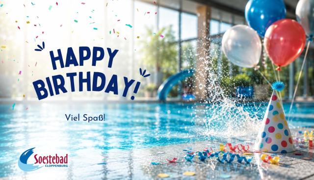 Festliches Gutscheinmotiv mit Hallenbadkulisse, Luftballons, Konfetti und Geburtstagshut. Ideal als Geschenk zum Geburtstag.