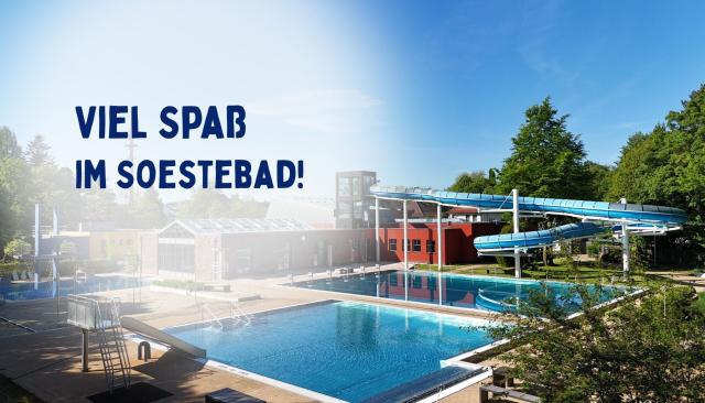 Sommerliches Gutscheinmotiv mit Freibad, Rutsche und Außenbecken des Soestebads Cloppenburg. Das Motiv steht für Badespaß, Sonne und Freizeitvergnügen in der Freibadsaison.